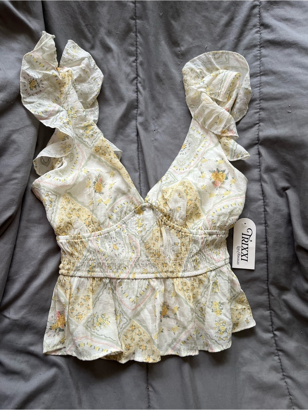 Trixxi Cream and Yellow Floral Ruffle Peplum Camisole